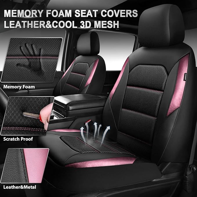 CAR PASS Memory Foam Car Seat Covers,Air Cool Mesh Thick Seat Covers Front Seats,Pink Metal Film Leather Seat Cover for Car,U