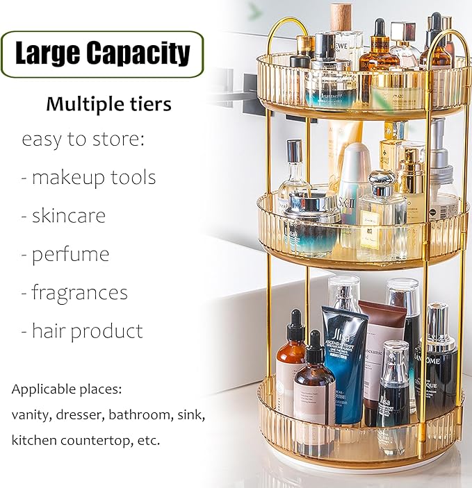 Rotating Makeup Organizer Countertop 3 Tier Lazy Susan Trays Clear Skincare Perfume Storage for Bathroom Counter Vanity, Ambe