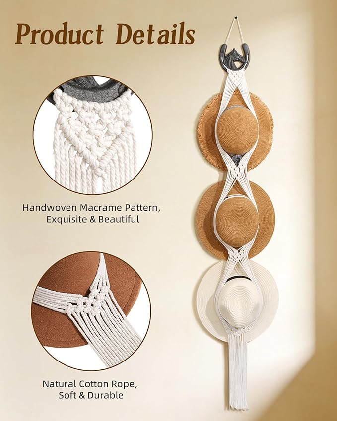 Macrame Wall Hat Rack Boho Hat Organizer Wall Mount with Cast Iron Horsehead Hanger Western Hat Holder for Women Wide Brimmed