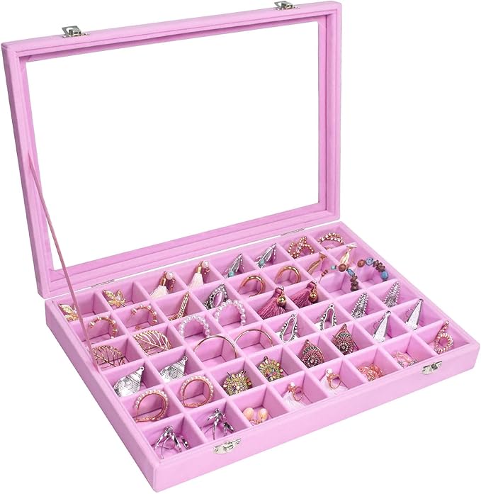 Siveit Velvet Jewelry Tray 48 Grid Jewelry Display Tray Organizer Box with Transparent Lid Rings Earrings Necklaces Pendants 