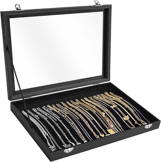 Siveit Premium Necklace Organizer Box - 20 Hooks Jewelry Tray with Transparent Lid - Display Box for Necklaces, Pendants - Su