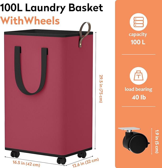 SpaceTrove Laundry Basket with Wheels, Collapsible Laundry Baskets, Laundry Hamper with Handles Detachable Wheels, Rolling La