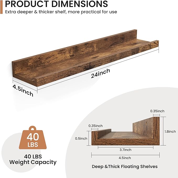 Fun Memories Picture Ledge Shelves Set of 2, 24 Inch Rustic Wall Mounted Floating Shelves with Lip for Home Storage and Décor