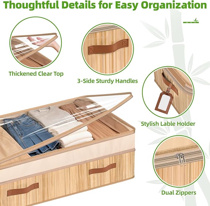 Livole Bamboo Under Bed Storage, 6-10 inches Height Adjustable Underbed Storage Containers, 92L XXXL Large Under Bed Storage 