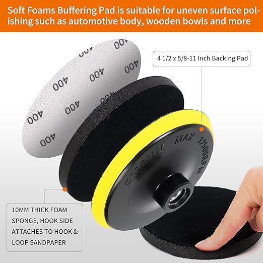45PCS 5 Inch Wet Dry Sanding Discs Kit with Hook and Loop Backing Pad 5/8-11 and Foam, Angle Grinder Drill Sanding Attachment