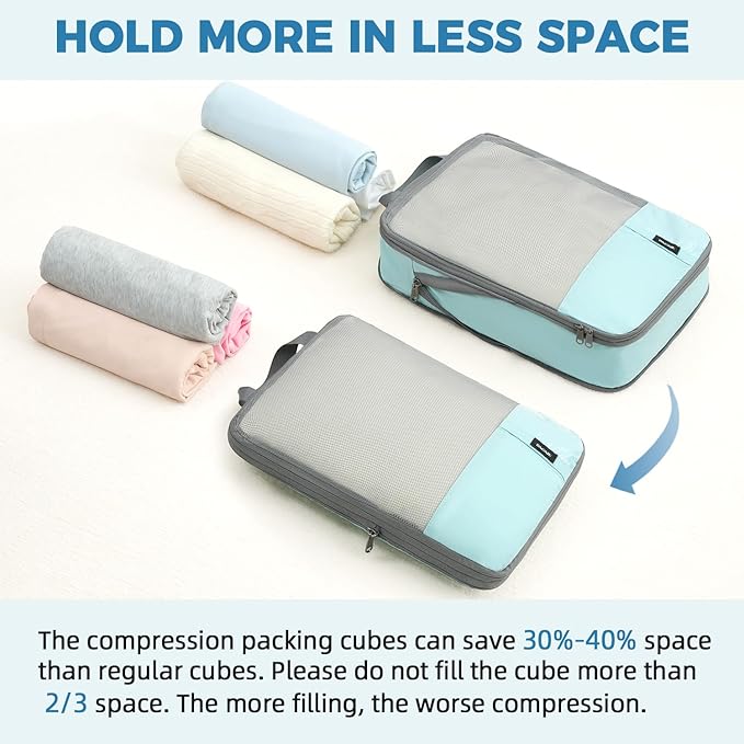 BAGAIL 6 Set Lightweight Compression Packing Cubes with Packing List, Anti-Tearing Expandable Organizer Bags for Travel, Dust