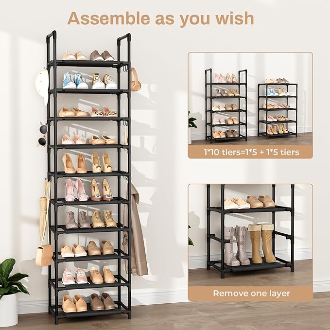 VTRIN 10 Tiers Tall Shoe Rack Holds 20-25 Pairs of Shoes Sturdy Vertical Shoe Organizer with 18pcs Hooks Stackable Narrow Sho