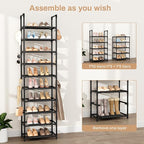VTRIN 10 Tiers Tall Shoe Rack Holds 20-25 Pairs of Shoes Sturdy Vertical Shoe Organizer with 18pcs Hooks Stackable Narrow Sho