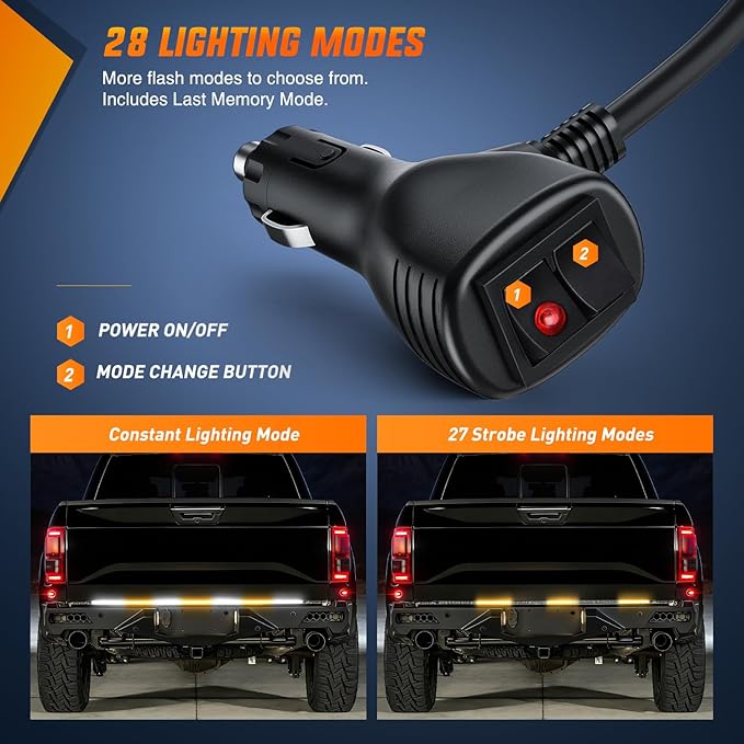 Nilight 60 Inch Truck Tailgate Strobe Light Strip Tail Emergency Bar Rear Window Warning Lamp Ultra-Bright Double Row 360 LED for Pickup Trailers Construction Vehicles Car SUV, Amber White