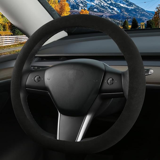 Suede Steering Wheel Cover for Tesla Model 3/Y, Anti Heat, Breathable, Anti-Slip, Leather Steering Wheel Cover 14-14 1/4 in (35.5-36 cm) (Black-01)