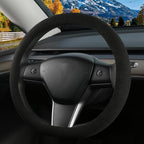 Suede Steering Wheel Cover for Tesla Model 3/Y, Anti Heat, Breathable, Anti-Slip, Leather Steering Wheel Cover 14-14 1/4 in (35.5-36 cm) (Black-01)