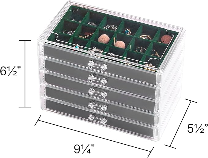Frebeauty Acrylic Jewelry Organizer Earring Organizer Box with 5 Drawers Earring Holder Organizer with Velvet Trays Clear Jew