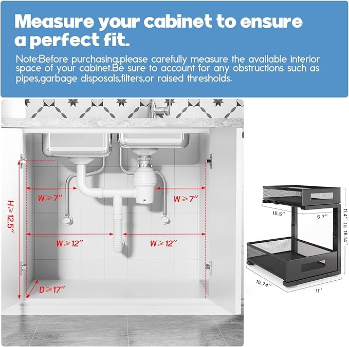 2-Pack Under Sink Storage Organizer, Large 2-Tier Elegant Mesh Pull Out Shelf for Kitchen and Bathroom Cabinet Organization, 