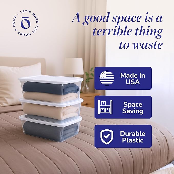 HOMZ 10-Pack Snaplock, Small Clear Plastic Storage Organizer Bins w/ Lids, 6 Quart, White - Stackable Container Boxes for Bed