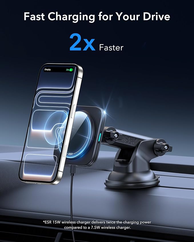 ESR for 15W MagSafe Car Mount Charger, for MagSafe Car Charger, Suction Cup Magnetic Wireless Car Charging, Dashboard Car Phone Mount for iPhone 17/16/15/14/13/12, S25, Pixel 10, Fast Charging