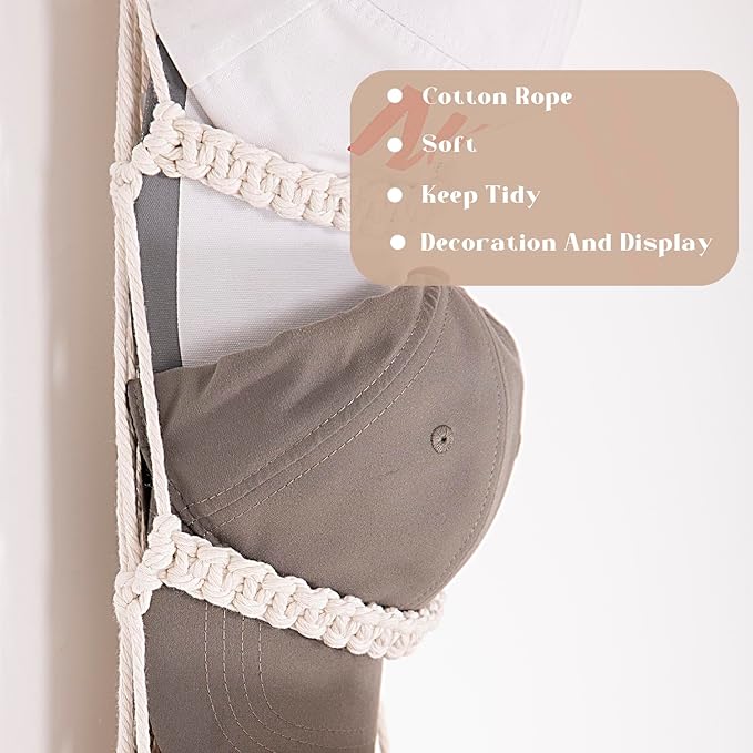 jontell Cap Holder-1 Pack Hat Organizer for Baseball Caps, Macrame Hat Rack for Wall, Cap Rack for Baseball Cap Display Boho 