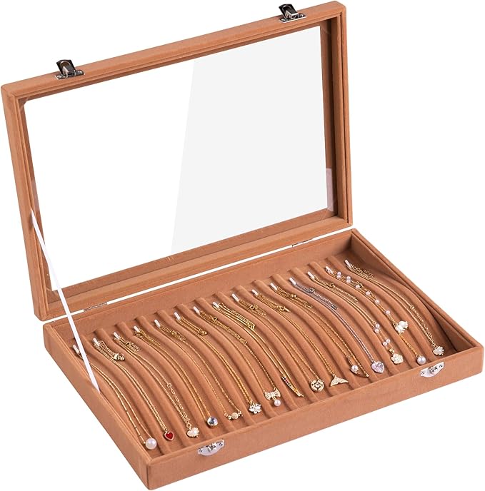 Frebeauty 15 Hooks Necklace Tray Velvet Neckalce Organizer with Clear Lid Lockable Necklace Holder Box Jewelry Organizer for 