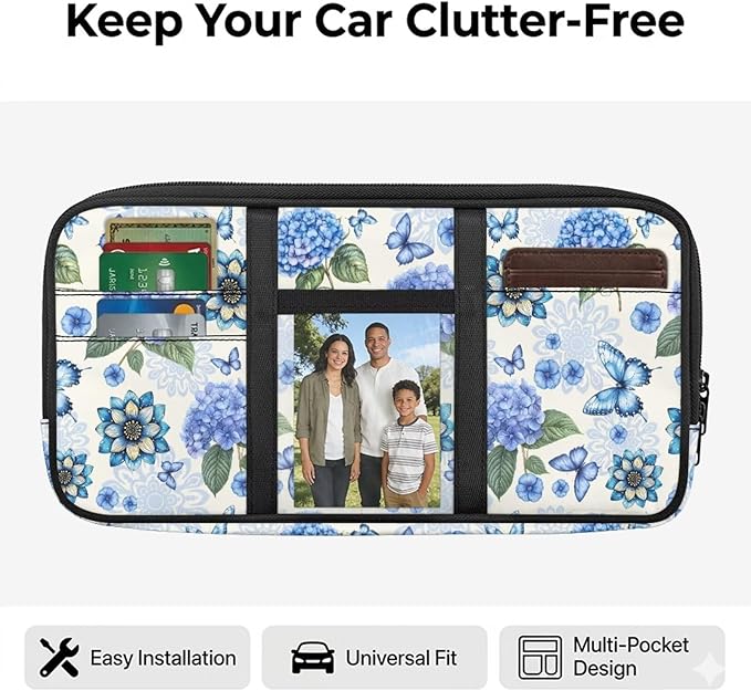 Boho Floral Car Sun Visor Organizer, Multi-Pocket Truck Visor Organizer Car Sun Storage Pocket Pouch Case Bag with Velcro Straps for Sunglasses, Cards, Pens and Document Machine Washable