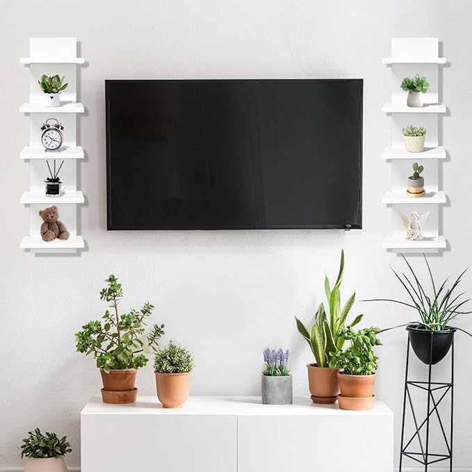 2 PCS 5 Tier Shelves for Wall, Decorative Wall Mounted Vertical Shelving Column Decor Mount Floating Storage Organizer Natura