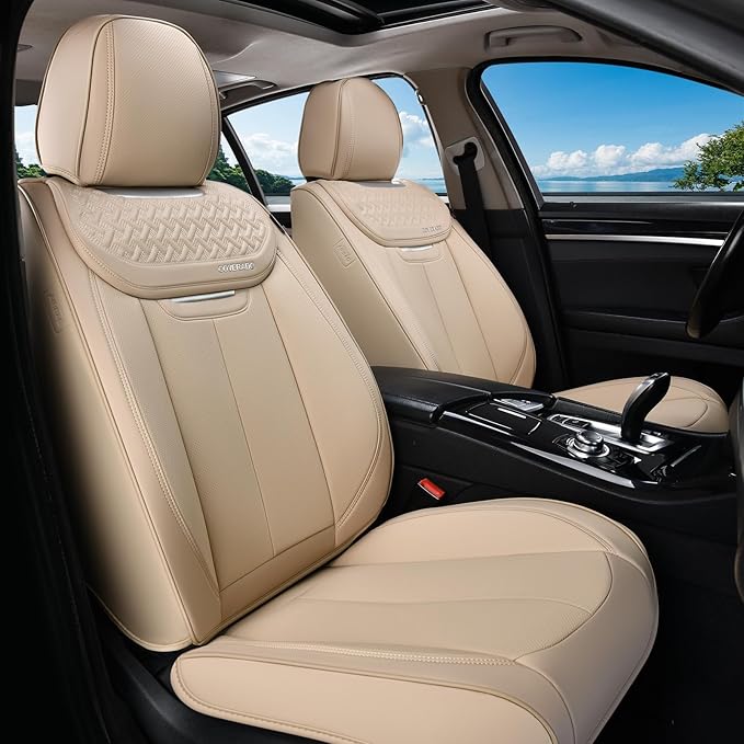 Coverado Seat Covers, Car Seat Covers Front Seats, Beige Nappa Leather Car Seat Covers, 2 Pack Waterproof Front Seat Covers, 