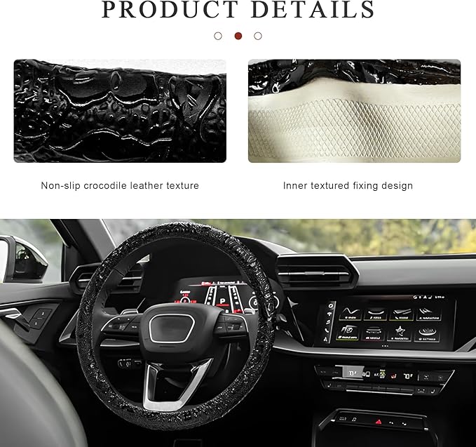 Sun Walker Leather Car Steering Wheel Cover, 15" Anti-Slip Crocodile Pattern Wheel Protector with Rose Grain, Comfortable Gri