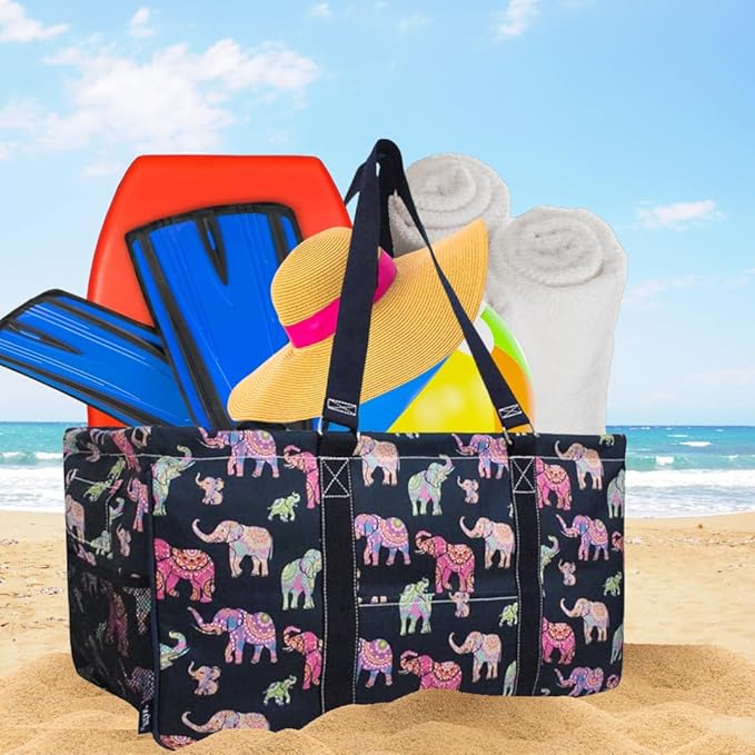 NGIL Extra Large Utility Tote Reusable Grocery Bag Oversized Collapsible for Groceries, Storage, Picnic, Beach (Bohemian Elephant-NAVY)