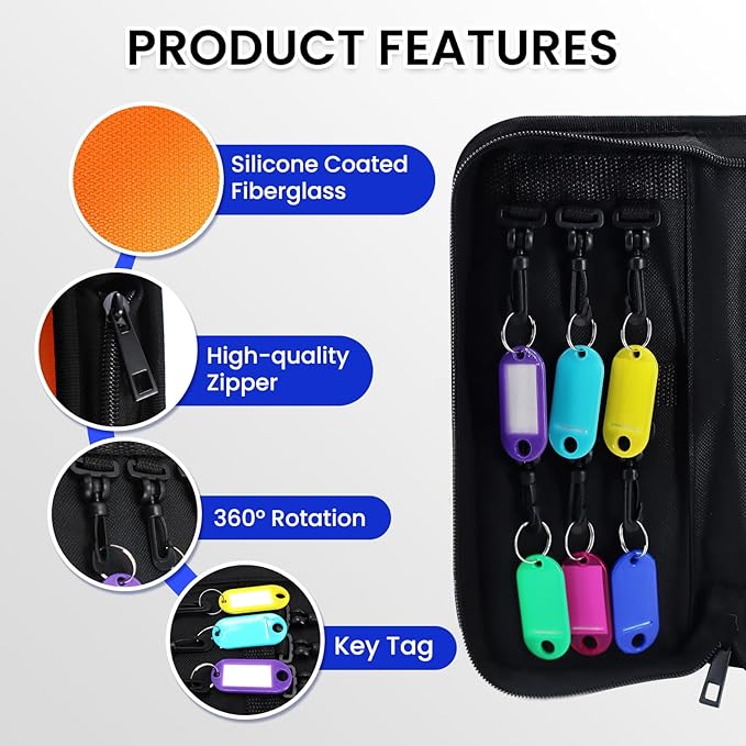 Key Organizer, Zippered Key Case, Fireproof and Waterproof Key Binder with 12 Hooks and Tags Portable Key Storage Book for Of