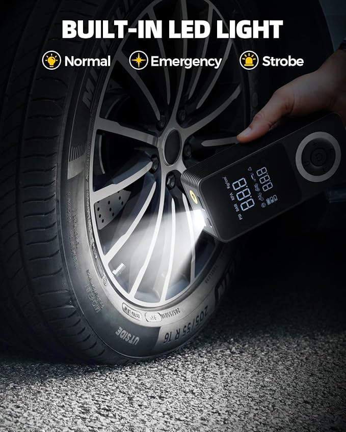 Cordless Tire Inflator Portable Air Compressor, Smart Air Pump for Car Tire with Digital Pressure Gauge, LED Light, 12V Car Power Adapter, Storage Box, 4 Valve