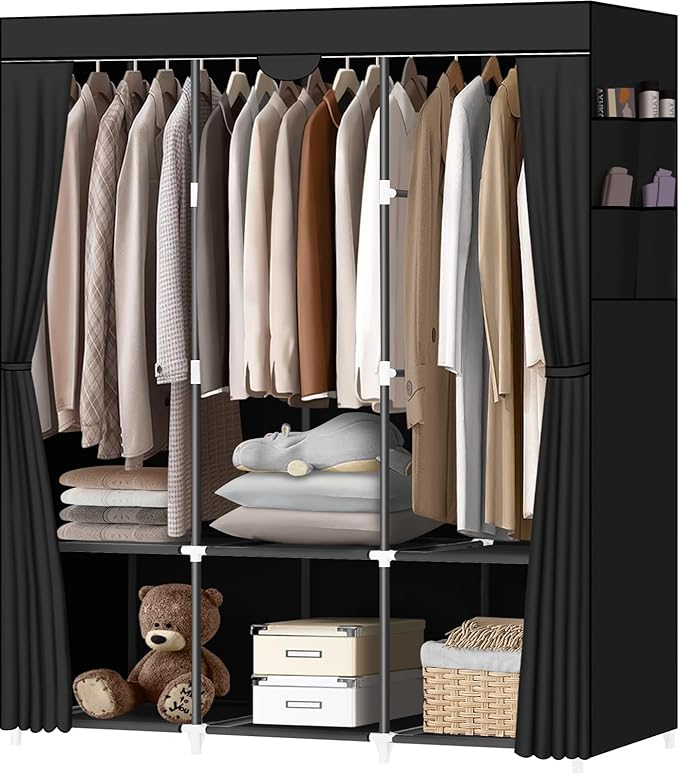 LOKEME Portable Closet, Portable Closets for Hanging Clothes with 3 Hanging Rods and 6 Storage Shelves and 4 Side Pockets, Bl