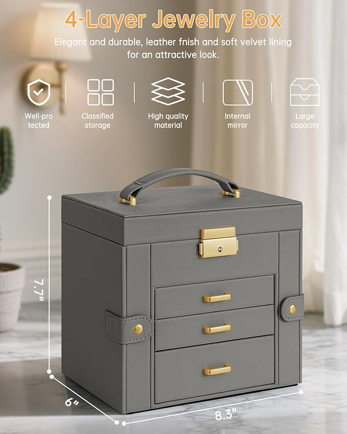 AKOZLIN 4-Tier Jewelry Box Leather Jewelry Storage Organizer with 3 Drawers Lockable for Women Girls Ring Necklace Earring Br