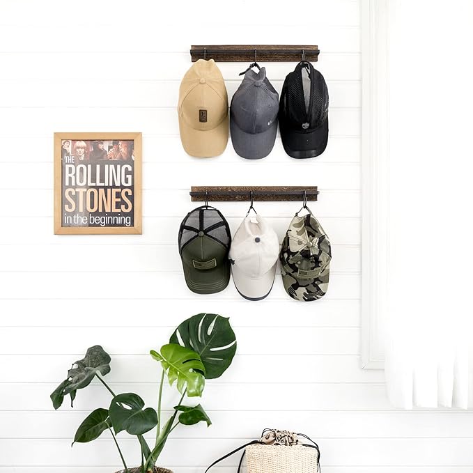 Mkono Hat Rack for Wall Wooden Baseball Caps Organizer with 20 Hooks Rustic Cowboy Hanger Mounted Hats Display Closet Bedroom