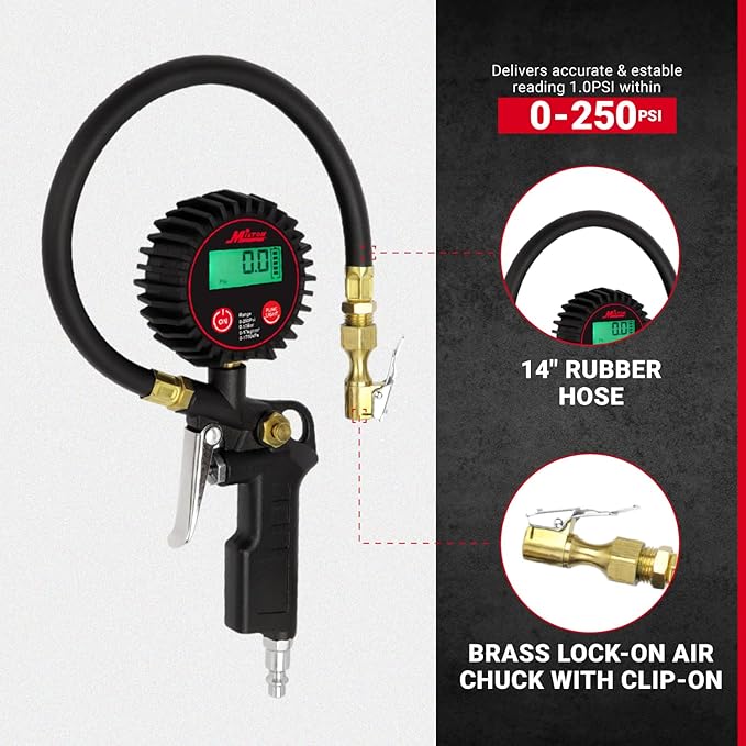 Milton 507KIT Digital Tire Inflator Car Accessories w/Accurate Air Tire Pressure Gauge, 14” Rubber Air Hose – 250 PSI, Brass Lock-On Clip Air Chuck and Compressor Accessories