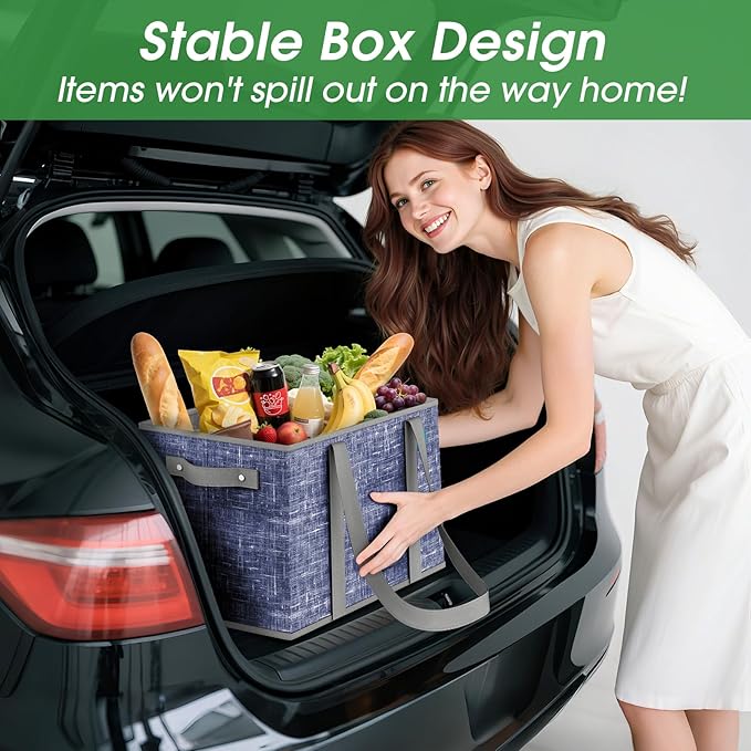 Fab totes Reusable Grocery Bags, Large Foldable Shopping Tote Bags with Reinforced Handles & Hard Bottom,2 Pack,Blue