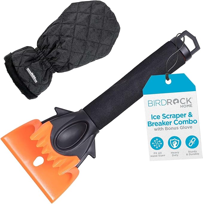BIRDROCK HOME Ice Scraper & Breaker Combo for Car Windshield & Windows, Water Resistant, Padded Glove, Non-Scratch 4" Blade, ABS Plastic, Ice Remover, Warm & Cozy Waterproof Glove - 1 Pack