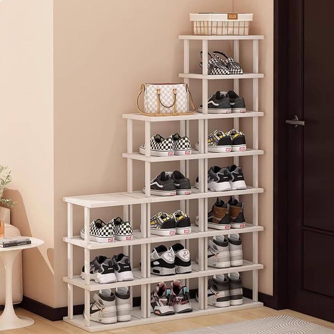 SAN HE Bamboo Shoe Rack 17 Tier- Vertical Shoe Rack for Small Spaces, Tall Narrow Shoe Rack Organizer for Closet Entryway Cor