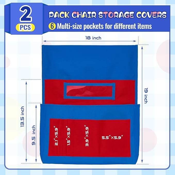 Lewtemi 2 Pcs Desk Chair Seat Back Organizer with 5 Pockets Chair Pockets for Classrooms School Seat Chair Storage Pocket Chart with Name Label Slot for Home Office, 18 x 19 Inch(Red, Yellow)