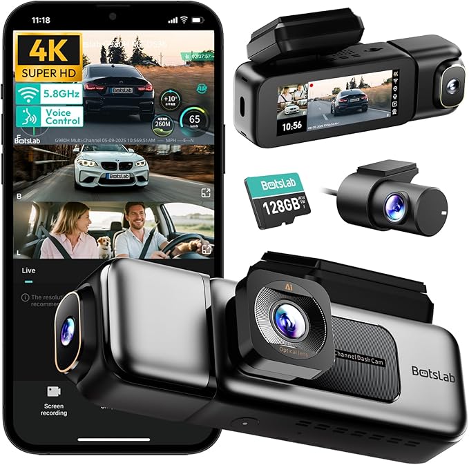 BOTSLAB 4K 3 Channel Dash Cam Front and Rear/Inside, 360°Dash Camera with 3.18" Touch Screen, Night Vision Dashcam, Voice Con