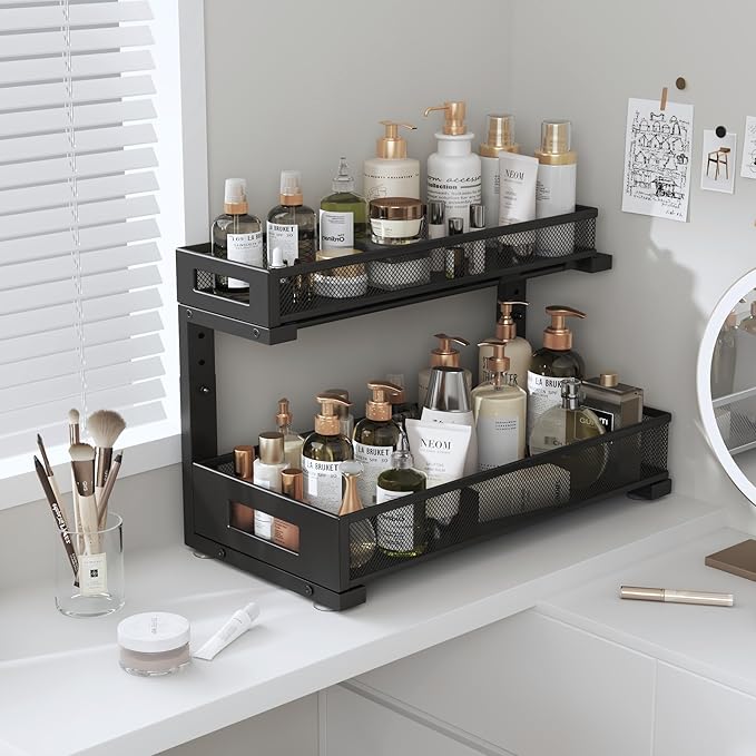 2 Pack 17IN Depth Under Sink Storage Organizer, Large 2-Tier Elegant Mesh Pull Out Shelf for Kitchen and Bathroom Cabinet Org