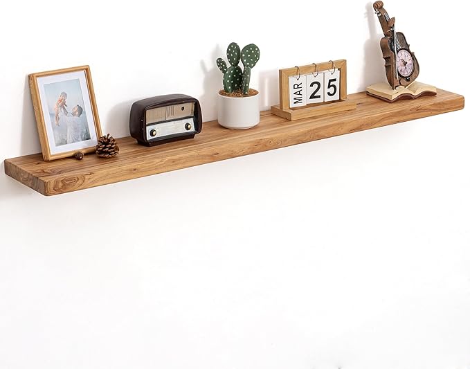 Floating Shelves for Wall, 48"Wx8"D Rustic Solid Elm Wood Floating Shelves Wall Mounted, Round Edge Wall Shelves with Invisib
