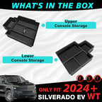 BestEvMod 2PCS Center Console Organizer Trays Fit for Chevrolet Silverado EV 2026 2025 2024 Pickup Armrest Storage Box ABS Material with PVC Trim Not Fit ICE or RST Models (Top + Bottom)