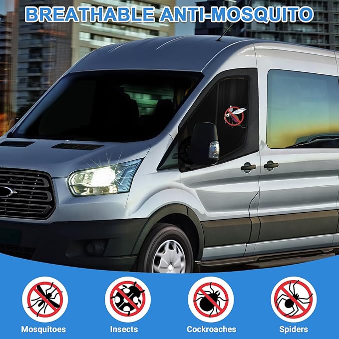 Double Layers Side Window Sunshade Magnetic Bug Screen for Front Doors, Pair Universal Size for Promaster, Sprinter, Metris, and Other Van