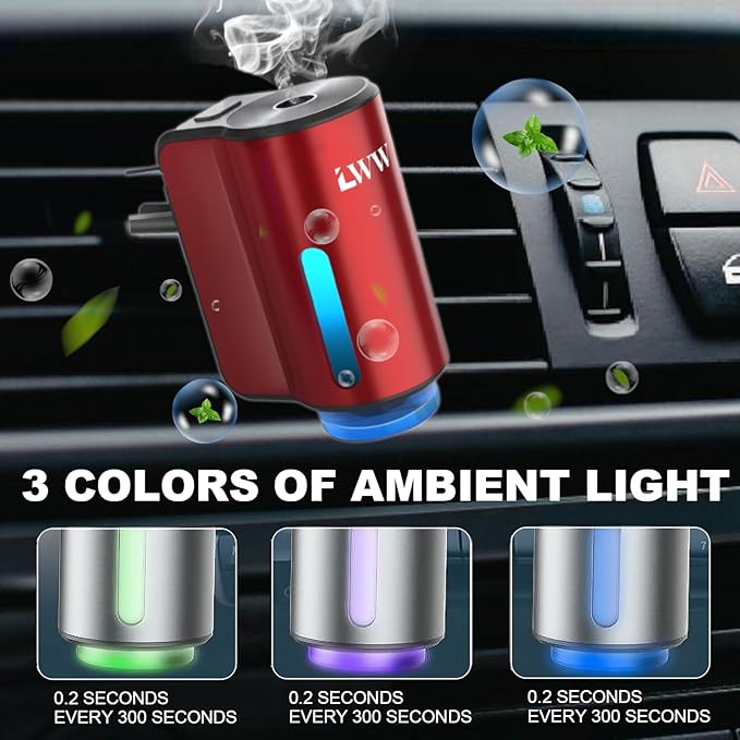 LWW Smart Car Air Freshener - 3 Levels Strength with Ventilation Clip, Rechargeable Car Fragrance Atomizer - with 8 10ml Bott