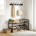 ELYKEN Shoe Rack, 2-Tier Expandable Shoe Organizer for Entryway, Metal Black Shoe Shelf with 4 Hooks, Ajustable Shoe Stand Ho