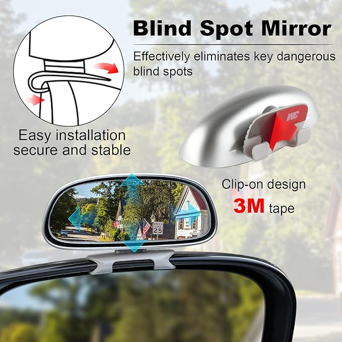 LivTee Clip on Blind Spot Mirror, HD Glass Frameless Convex Rear View Mirrors Exterior Accessories with Wide Angle Adjustable Stick for Car SUV and Trucks, Silver