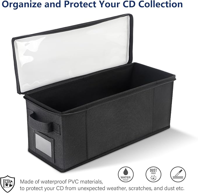 CCidea CD Storage Box with Clear Window - 4 Pack Media Organizer, Innovative Folding Design for CD Discs, CD Holder with Reinforced Handle & Label Slot, Holds 29 CDs Each, Fits Car & Home Use (4)