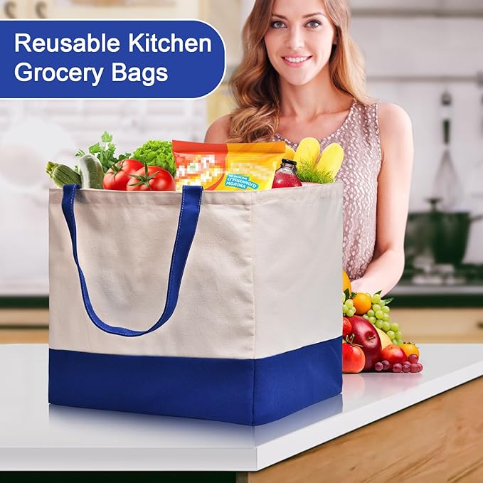 3 Pack Canvas Reusable Grocery Bags Heavy Duty, 8.3 gal Foldable Large Tote Bag with Handles, Holds 60 lbs Canvas Shopping Bags & Washable Eco-friendly Bags with 5 Pockets, Blue+Off White