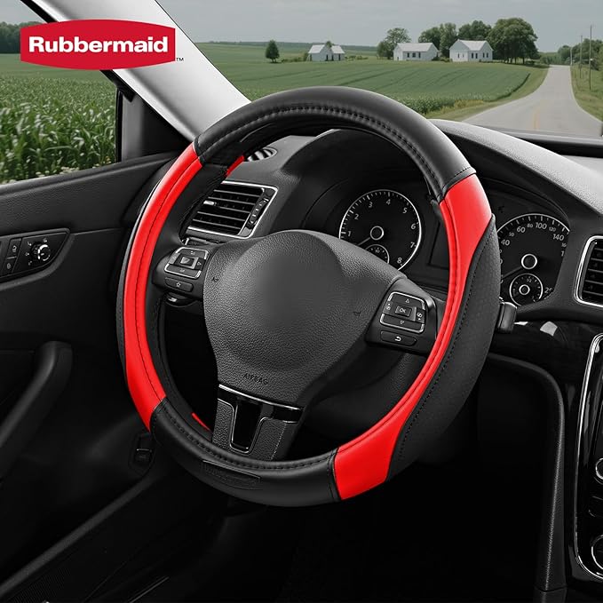 Rubbermaid Steering Wheel Cover – Universal Fit 14.5"–15" Steering Wheel Cover, Anti-Slip Grip, Breathable Leather, All-Seaso