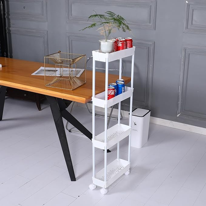 Sooyee 4 Tier Slim Storage Cart Mobile Shelving Unit Organizer Slide Out Storage Rolling Utility Cart Tower Rack for Kitchen 