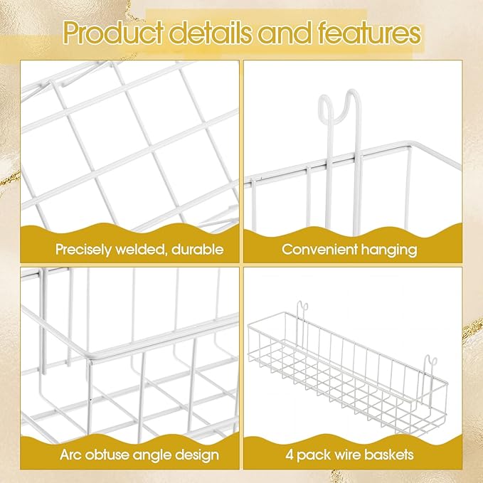 White 4 Pack Grid Wall Hanging Baskets with 16 S Hooks, 15.8 x 3.9 x 3.2 Inch Metal Wire Wall Mount Storage Baskets for Grid 