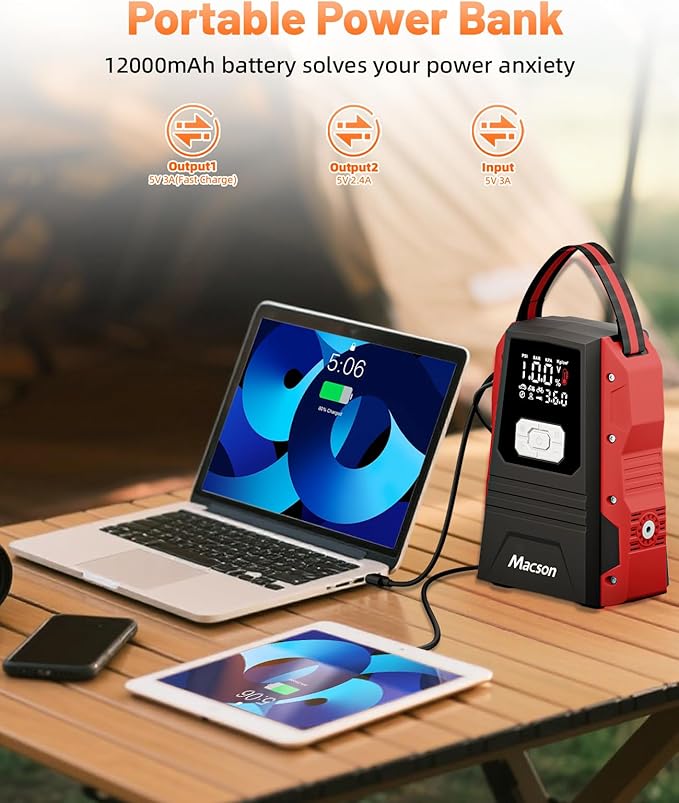 5000A Jump Starter with Air Compressor - Portable 12V Jump Box Battery Pack for 9.0L Gas/8.0L Diesel Engines, Car Jumper